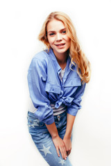 Fototapeta premium young pretty stylish blond hipster girl posing emotional isolated on white background happy smiling cool smile, lifestyle people concept close up