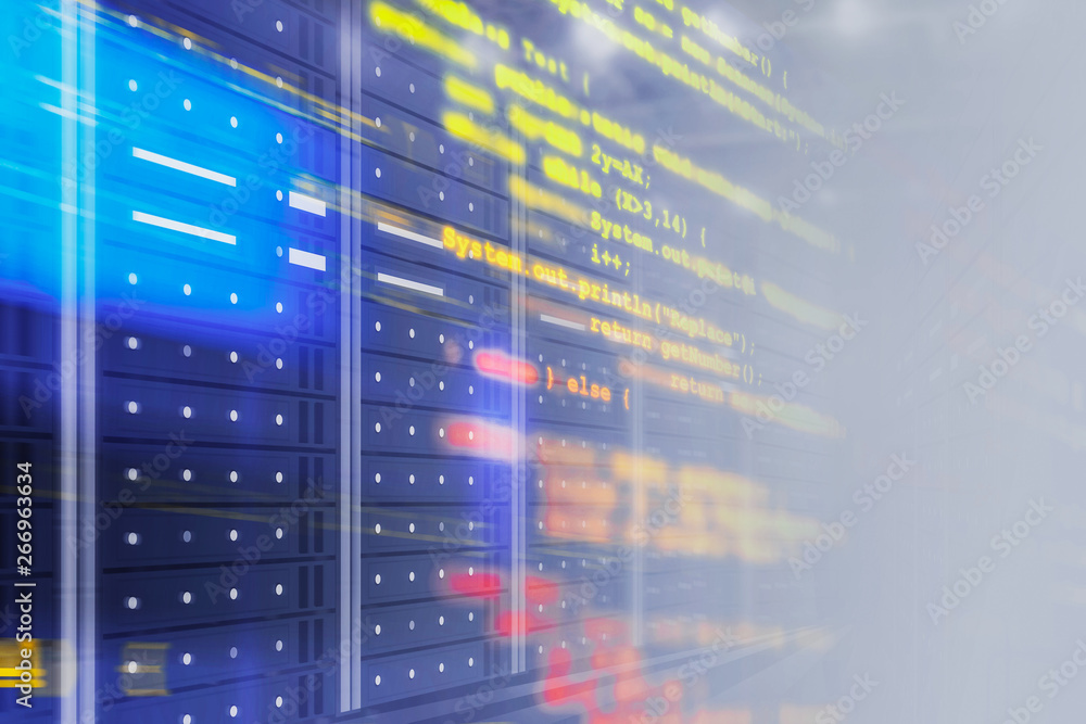 Poster interior of server room with lines of code