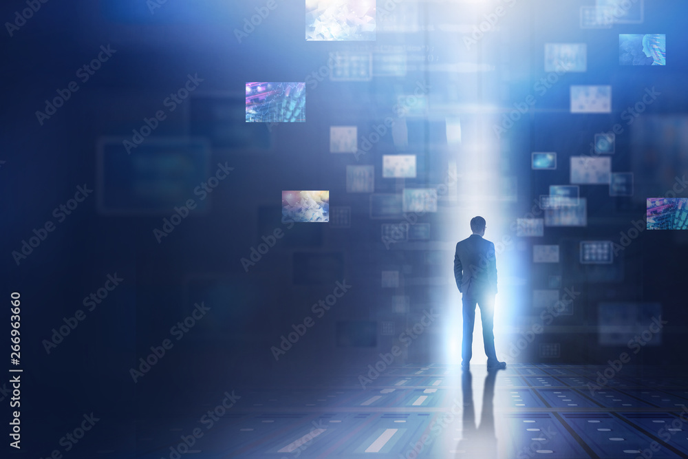 Poster man using abstract virtual information interface