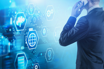 Man with smartphone, digital business interface