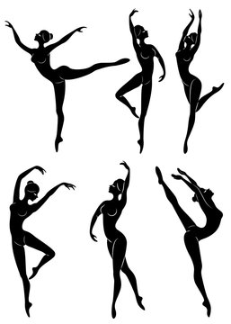 Collection. Silhouette of a cute lady, she is dancing ballet. The girl has a slim beautiful figure. Woman ballerina. Vector illustration set