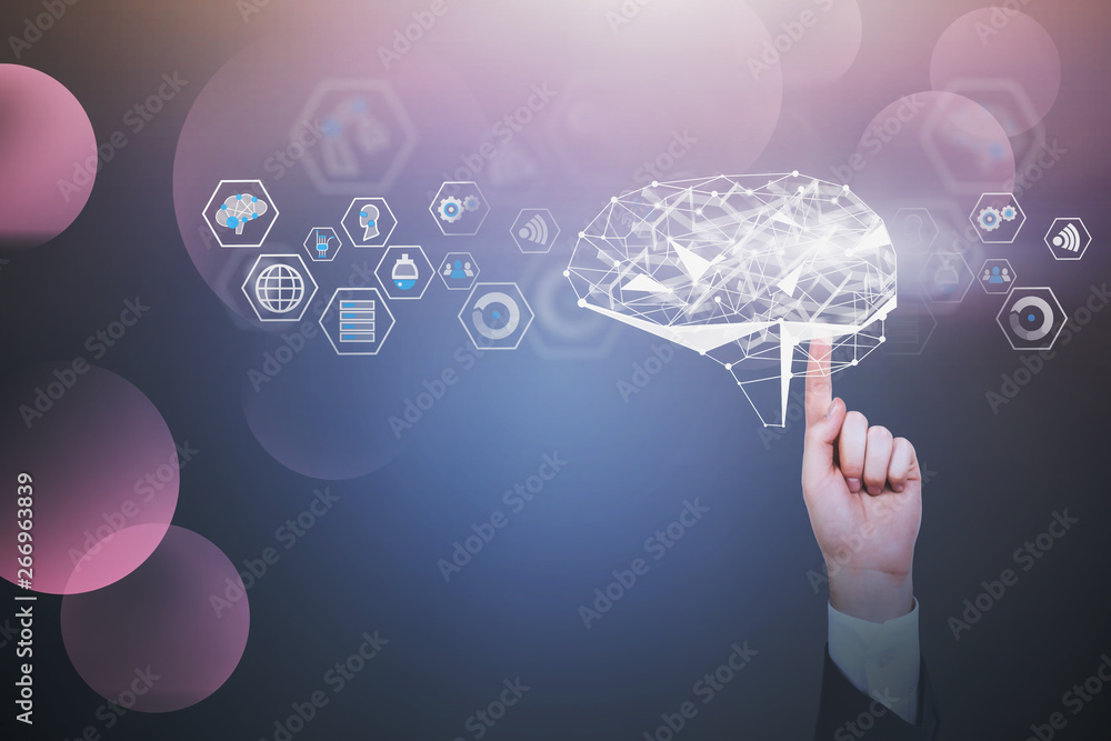 Poster man hand using ai brain interface