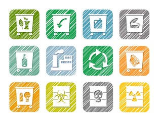 Waste disposal, color, flat icons, hatching, vector. Garbage collection, different types of waste. White, flat icons with shadow on colored background. 