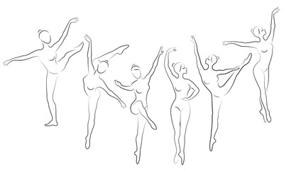 Collection. Silhouette of a cute lady, she is dancing ballet. The girl has a slim beautiful figure. Woman ballerina. Vector illustration set