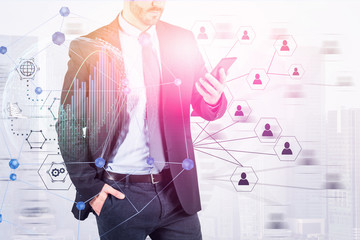 Man with phone in city, social connection hologram