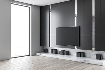 Gray living room corner with TV set