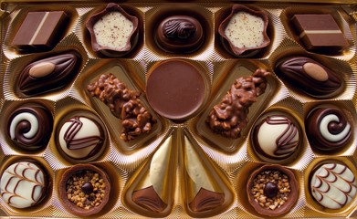 Variety of chocolate candies. Luxurious box of chocolates.Decorated chocolate candies, bitter and white chocolate candies filled with different types of creams. Perfect design and style of chocolates.