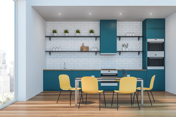 White and blue kitchen interior