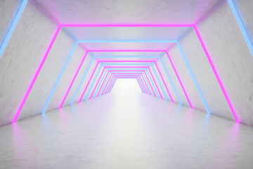 Empty white and pink hexagonal neon corridor