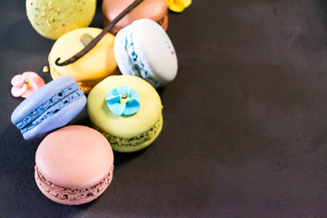 Row of multicolored french macaroon on a dark background with copy space