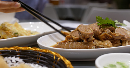 Chinese dishes in restaurant, soy sauce goose and tofu