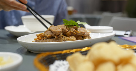 Chinese dishes in restaurant, soy sauce goose and tofu