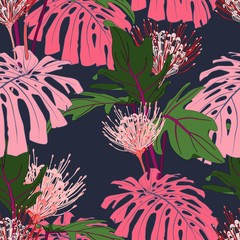 Exotic green and pink tropical palm leaves and protea flowers, drk blue background. Floral seamless pattern. Tropical illustration. Summer beach design. Paradise nature.