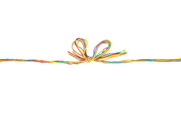 Colorful bow knot of cotton thread isolated on white background. Thread line with bow made of...