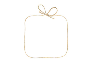 Rectangular  frame with bow as gift box made of string isolated on white background. Empty frame...