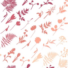 Seamless pattern with image of a many kind herbs silhouette gradient on a white background. 