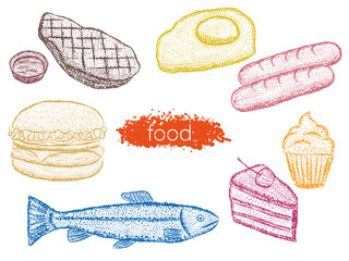 Set of hand drawn elements of food. Burger, steak, egg, sausages, fish and cake. Dot drawing.