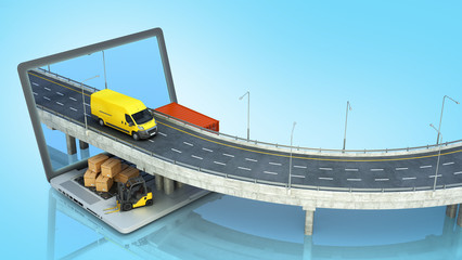 transportation concept road from the laptop on the road going truck there are boxes and a loader on the laptop 3d render on blue gradient