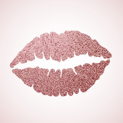 Rose gold lips. Golden Lip icon with glitter effect, lipstick kiss isolated on white background. Vector illustration.