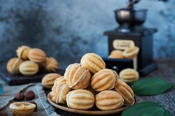 Homemade shortbread nuts with condensed milk. Dessert - biscuits for tea.