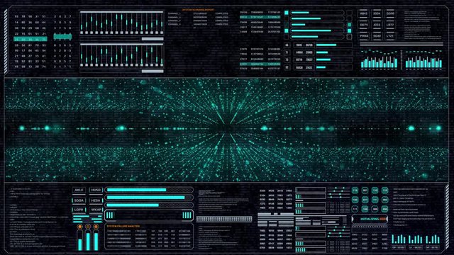 HUD Futuristic UI Interface Scanning Holographic Cyber Space Digital Data Screen Technology. Explorer Virtual Structure Perspective Particle Line Shooting Flickering Flight In Space Concept.