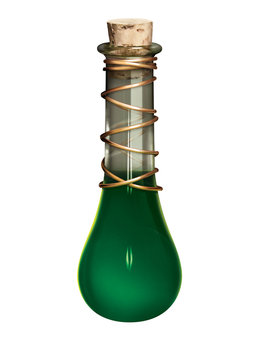 Green liquid in corked glass beaker