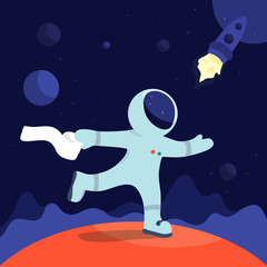 Funny vector illustration with astronaut in the space. Cosmonaut late for a spaceship. Humorous cartoon with spaceman running on the red planet. Spacecraft in the cosmos. Story about an upset stomach.