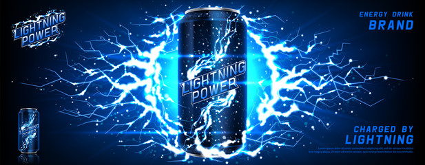 Energy drink ads banner. Vector illustration with energy drink can, bright lightnings and shining thunderstorms. Realistic 3d illustration.
