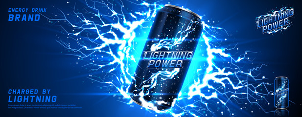 Energy drink ads background. Vector illustration with energy drink can, bright lightnings and shining thunderstorms. Realistic 3d illustration.