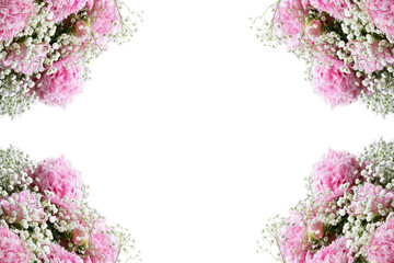 Flower composition. Frame of pink flowering bouquets of Peonies and Baby's Breath flowers over a white background  with free space for your text. 