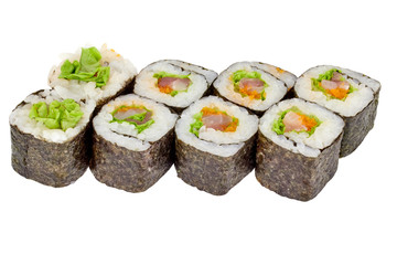 Sushi roll japanese food isolated on white background maki sushi roll with tuna salad and caviar close up