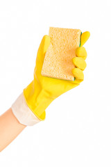 Woman hand holding a cleaning sponge isolated on white