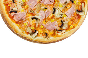 Delicious pizza with mozzarella sauce with balyk mushrooms and corn on a wooden board on an isolated white background