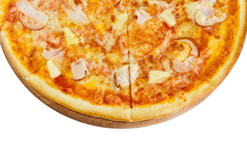 Delicious pizza with mozzarella cheese sauce, smoked chicken and pineapple on a wooden board