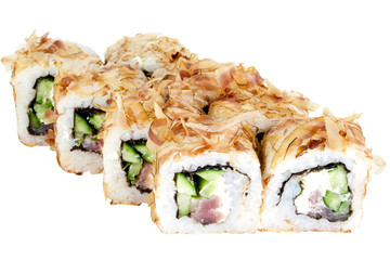 Sushi roll japanese food isolated on white background sushi roll in cod shavings with tuna and cucumber close-up