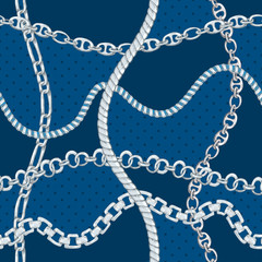 Seamless pattern with retro hand-drawn sketch silver chain on dark background. Drawing engraving texture. Great design for fashion, textile, decorative frame, yacht style card.