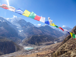 Manang/Nepal - 10 30 2018: Waving flags with mantra 