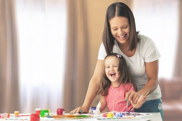 Happy family kid mom babysitter parent teacher drawing