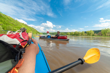 Kayak tourists on the Dniester River, Ivano-Frankivsk city, May 4, 2016