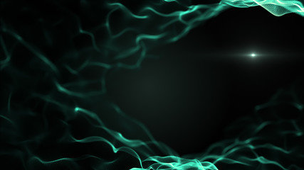 Abstract interwoven form background. Green waves on black backdrop. Close up DNA structure. Light blurred white blick is inside the waves.