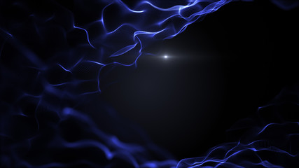 Abstract fluid, liquid background. Bright blue shapes on black backdrop. Light blurred white blick is inside the waves.