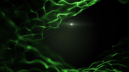 Abstract fluid space background. Bright green smooth texture on black backdrop. Light blurred white blick is inside the waves.