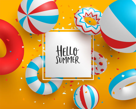 Hello Summer Card Template Of 3d Pool Life Saver