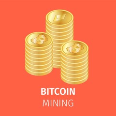 Piles of Golden Bitcoin Coins on Orange Background. Trading, Cryptocurrency Mining, Networking Money. Globalization, Finance and Digital Technology. 3D Isometric Vector Illustration, Square Banner