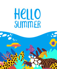 Fototapeta na wymiar Hello Summer card of tropical coral reef fish art