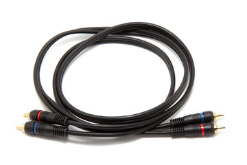 Stereo audio cable on a white background