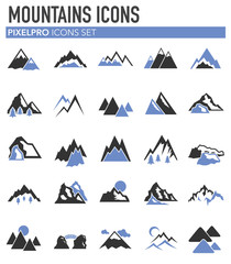 Mountains icons set on white background for graphic and web design. Simple vector sign. Internet concept symbol for website button or mobile app.