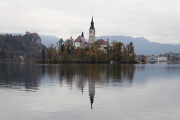 Church on the Lake Bled in Autumn