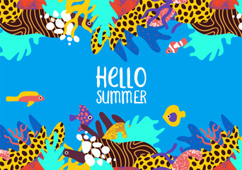 Fototapeta na wymiar Hello Summer card of tropical coral reef fish art