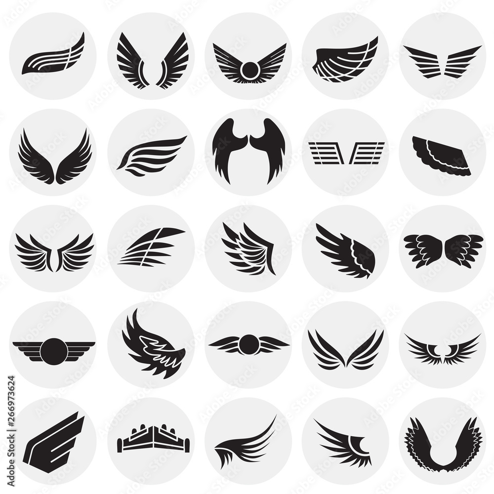 Poster wings icons set on circles background for graphic and web design. simple vector sign. internet conce